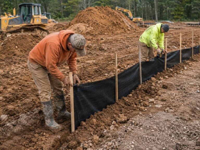 Crew installing silt fence on a graded commercial site